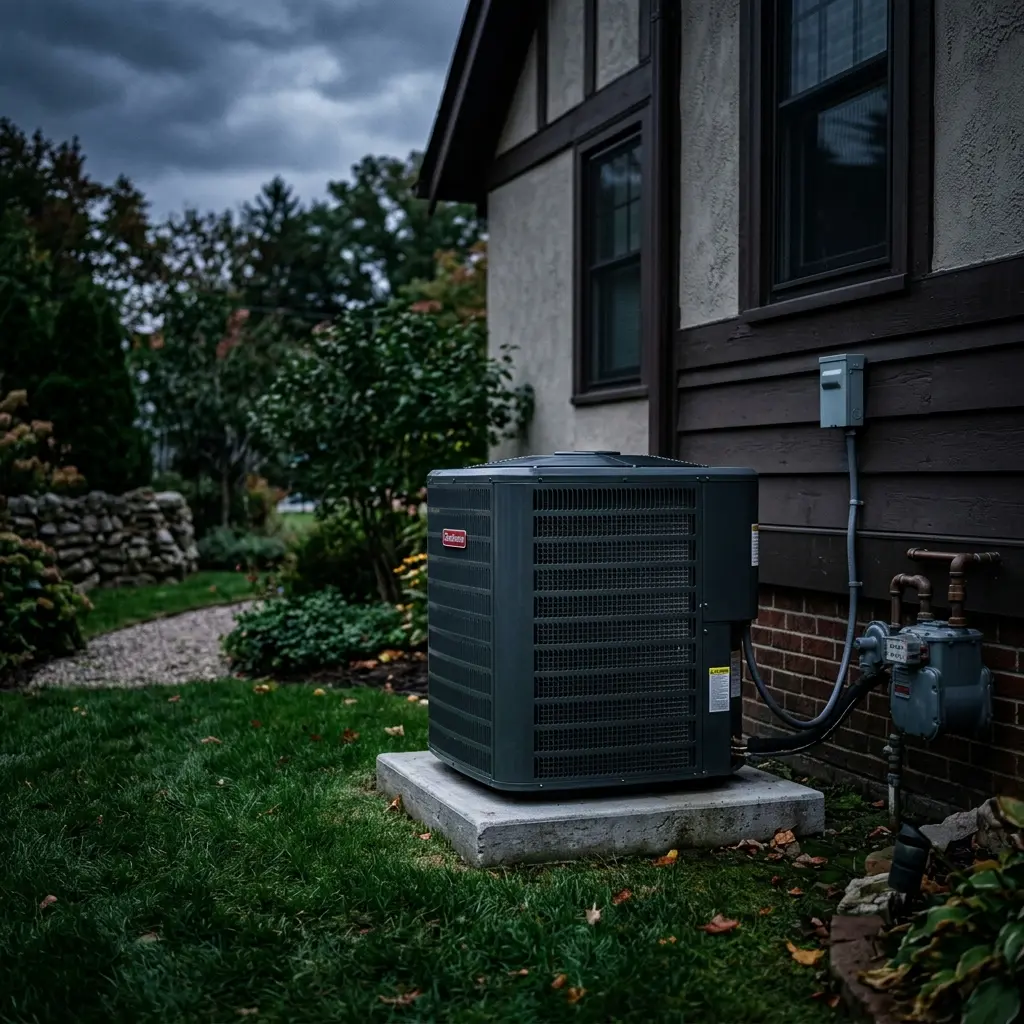 A brand new, clean outdoor central air conditioning condenser unit sitting on a concrete pad