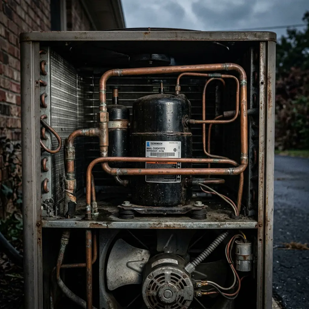 Inside of an outdoor air conditioning condenser unit showing copper pipes and the compressor