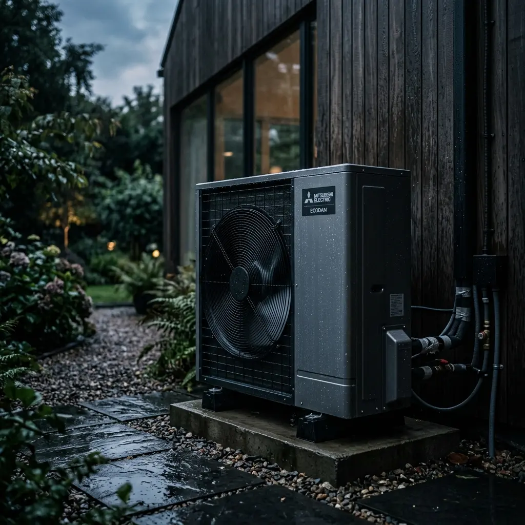 Sleek, modern heat pump condenser unit outdoors