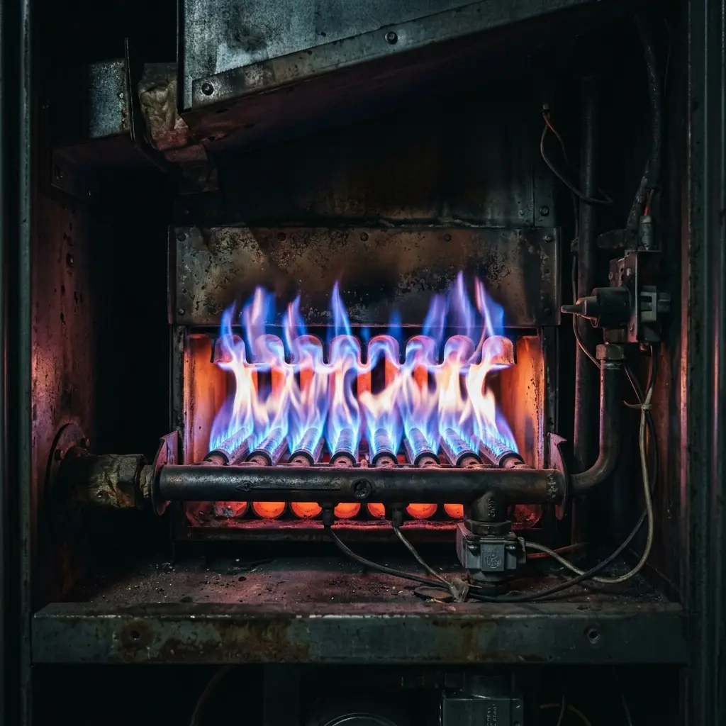 Glowing blue flames of a gas furnace burner inside an HVAC system
