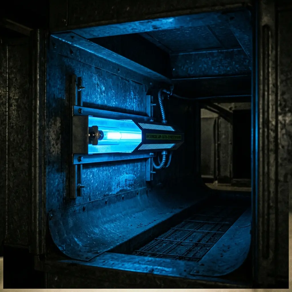 A glowing blue UV light air purifier system installed inside a metal HVAC duct