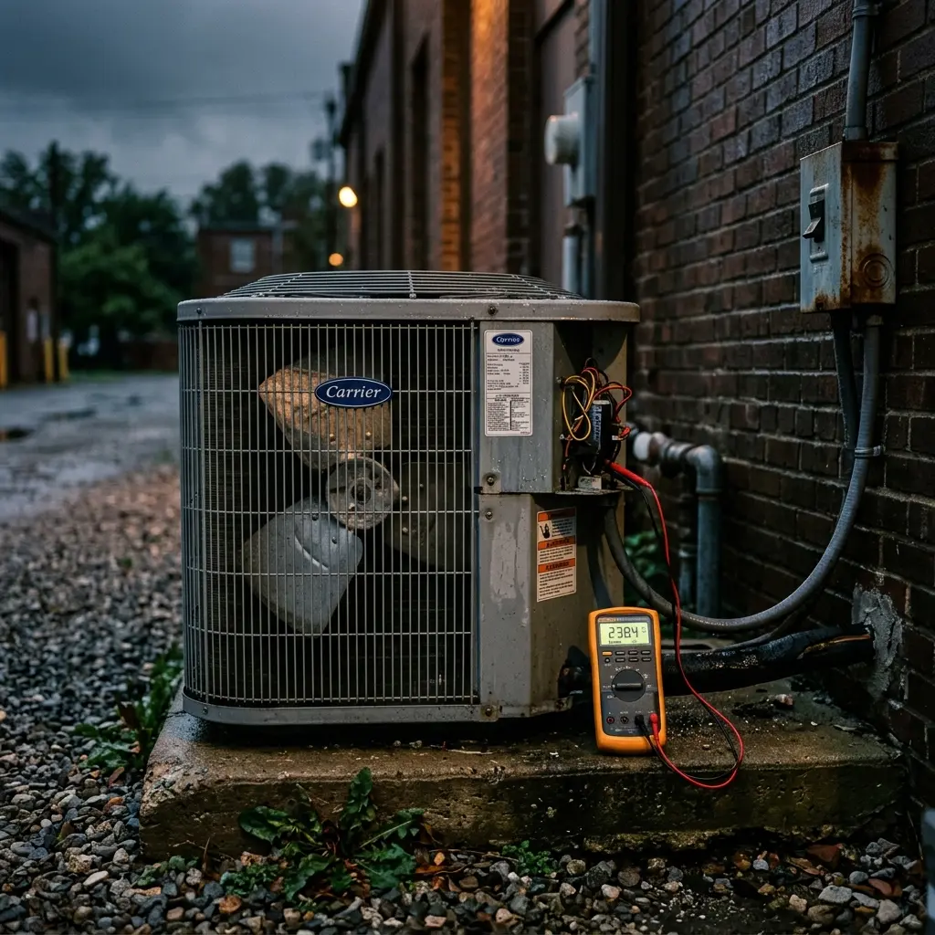 An outdoor HVAC condenser unit with a digital multimeter gauge sitting next to it